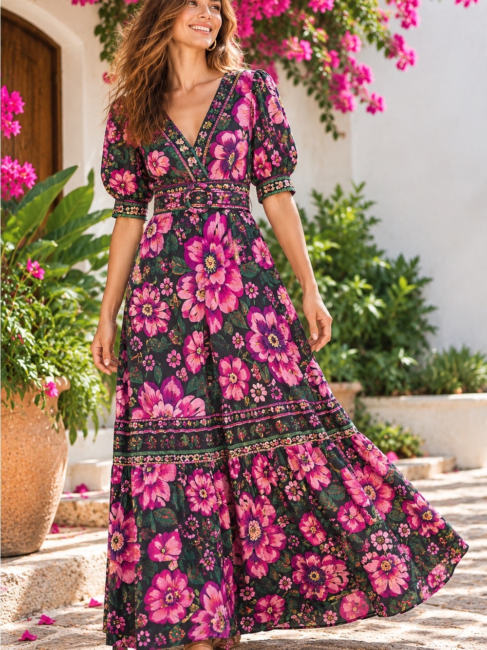 Farm Rio Black Flowers Garden Floral Maxi Dress Belted S